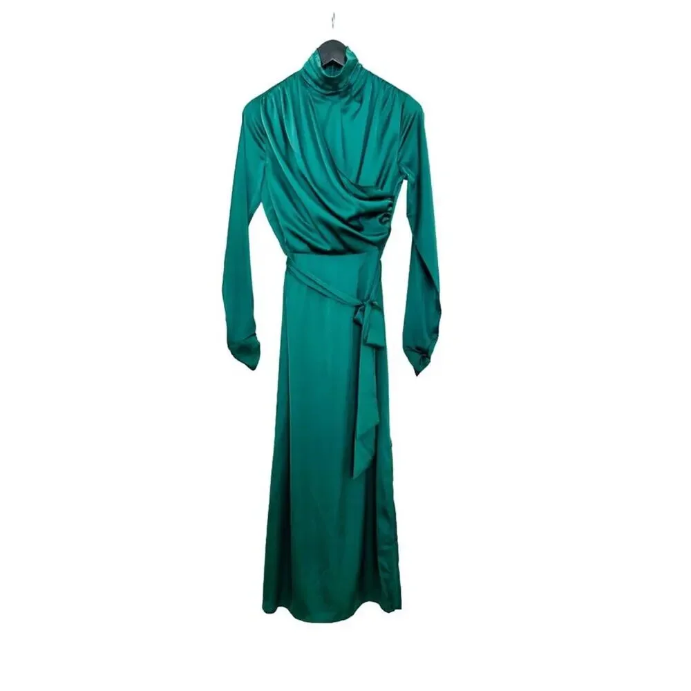 NWT Alexa Admor Emerald Green Long Sleeve High Neck Midi Dress sz 2 - Picture 4 of 10